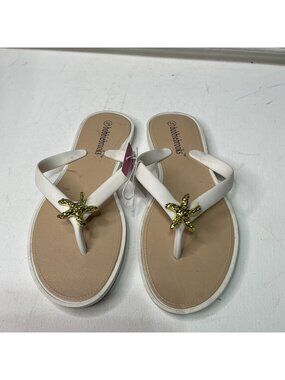 Bobbie Brooks White Flip-Flops Gold Starfish Accents Size 8/9 Women’s Sandals